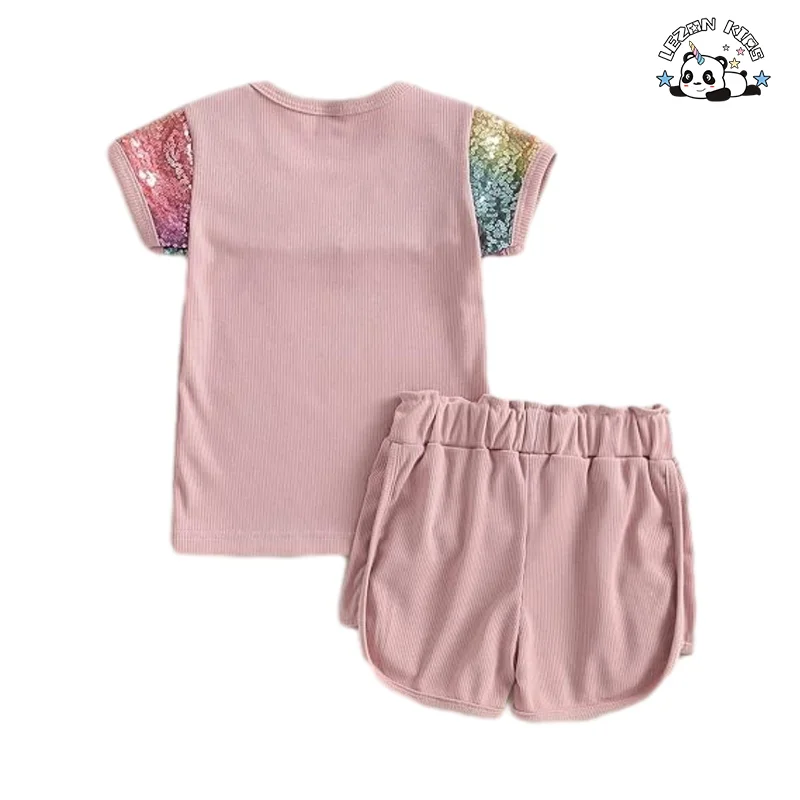 LEZONKIDS - Customizable Gradient Sequin Sleeves T Shirt Sequin Short Girls Summer Sequin Clothing Set